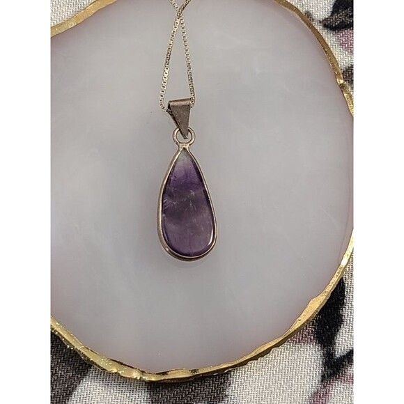 Amethyst Teardrop Pendant Necklace 925 Silver 16" Box Chain February Birthstone - Picture 3 of 7